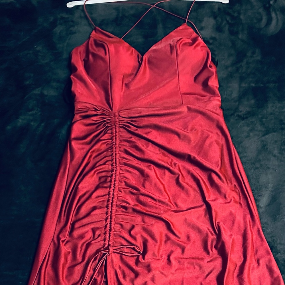 B Darlin Satin Ruched Slip Dress - Burgundy Red